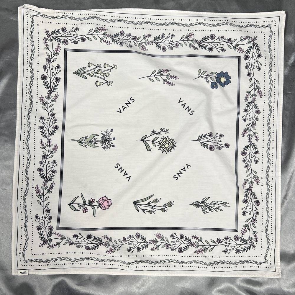 Vans White Floral Botanical Print Square Bandana Scarf Cotton Skate Boho 21x21